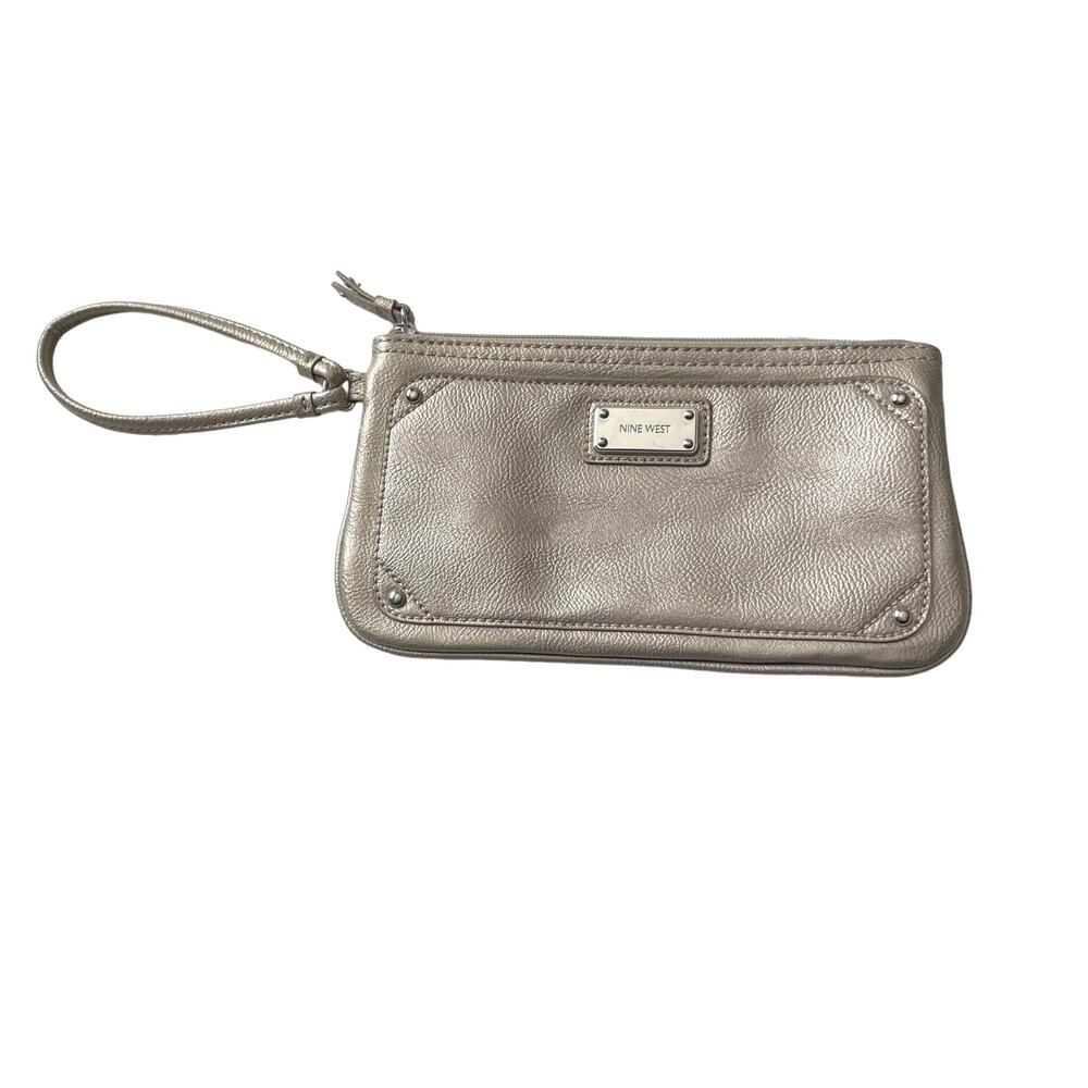 Nine West Gold Faux Leather Wristlet Purse Hand Bag Wallet Clutch Tan Interior